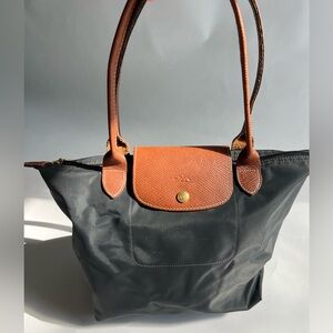 Longchamp Black Tote with Brown Accents